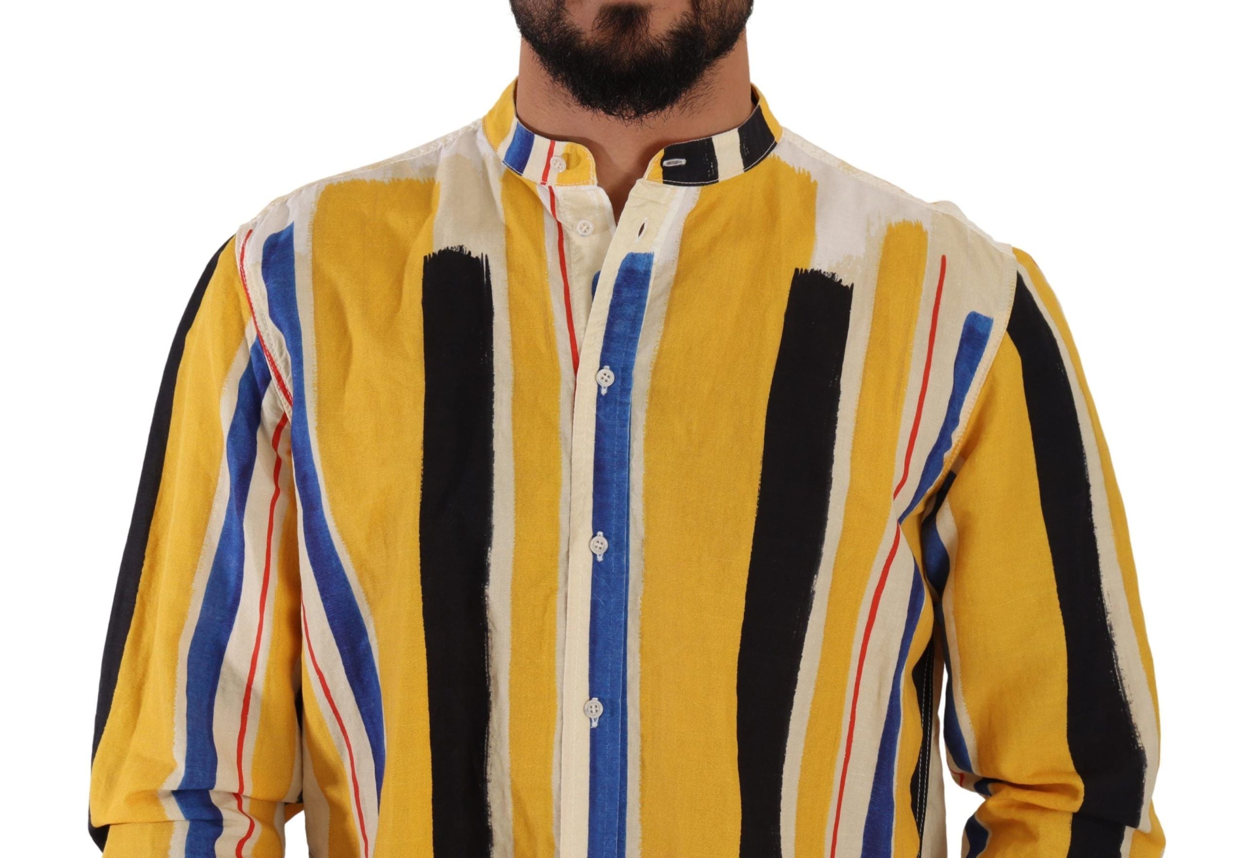 Dolce & Gabbana Yellow Striped Henley Linen Cotton Shirt
